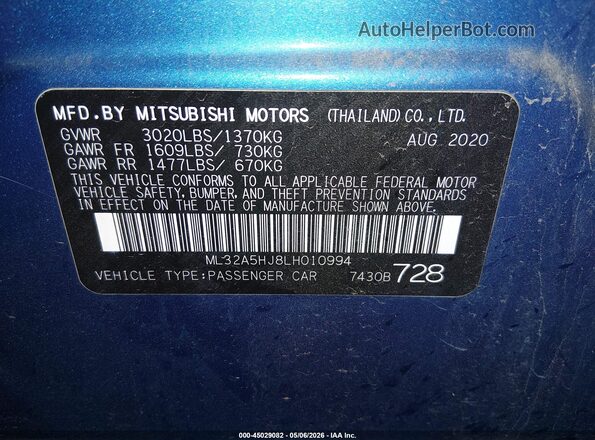ML32A5HJ8LH010994 2020 MITSUBISHI MIRAGE Gray Vista del compartimento del motor