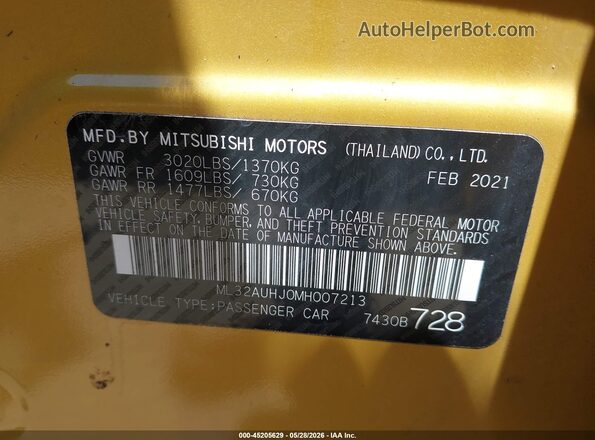 ML32AUHJ0MH007213 2021 MITSUBISHI MIRAGE Yellow ძრავის განყოფილების ხედი