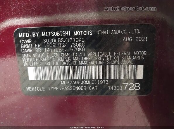 ML32AUHJ0MH011973 2021 MITSUBISHI MIRAGE Burgundy Widok komory silnika