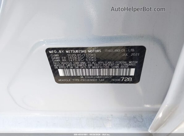 ML32AUHJ1MH010427 2021 MITSUBISHI MIRAGE White 