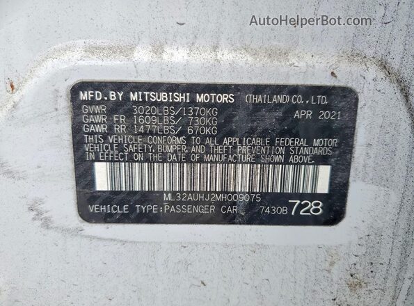 ML32AUHJ2MH009075 2021 MITSUBISHI MIRAGE Silver VIN sticker view