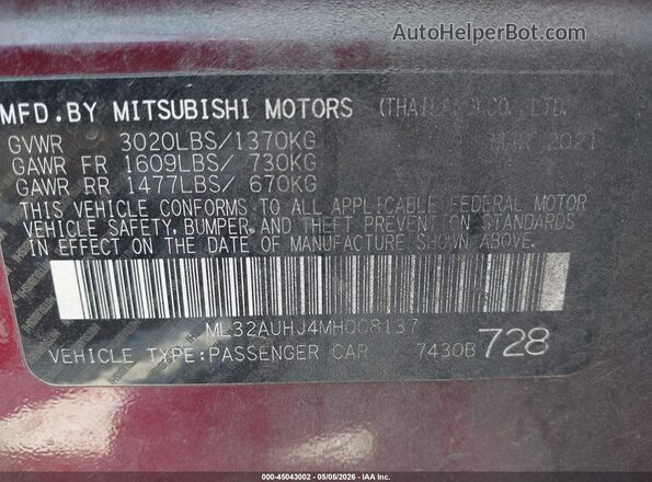 ML32AUHJ4MH008137 2021 MITSUBISHI MIRAGE Бордовый Вид подкапотного пространства