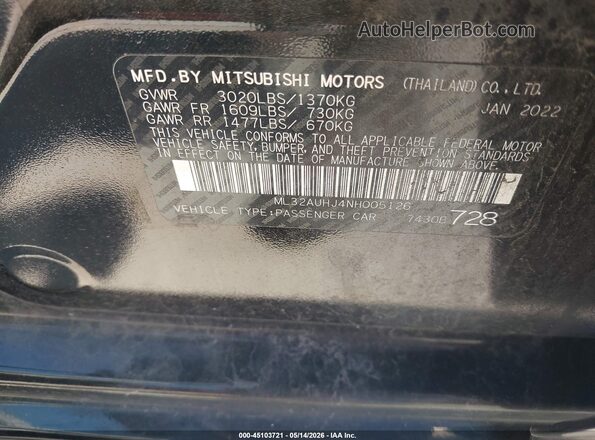 ML32AUHJ4NH005126 2022 MITSUBISHI MIRAGE Black Widok komory silnika