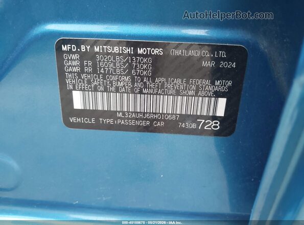 ML32AUHJ6RH010687 2024 MITSUBISHI MIRAGE Blue Vista del compartimento del motor