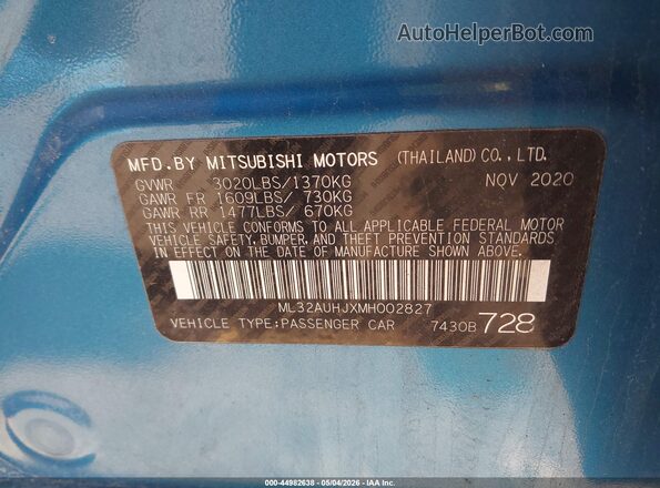 ML32AUHJXMH002827 2021 MITSUBISHI MIRAGE Blue Engine compartment view