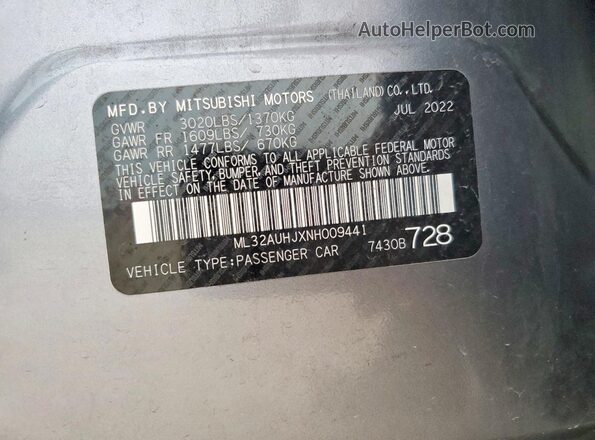 ML32AUHJXNH009441 2022 MITSUBISHI MIRAGE Gray 