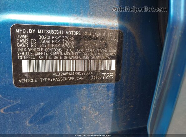 ML32AWHJ4RH022333 2024 MITSUBISHI MIRAGE Light Blue ძრავის განყოფილების ხედი