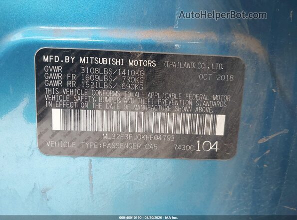 ML32F3FJ0KHF04793 2019 MITSUBISHI MIRAGE G4 Blue Widok komory silnika