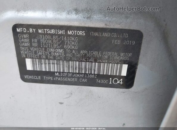 ML32F3FJ0KHF13882 2019 MITSUBISHI MIRAGE G4 Silver Engine compartment view