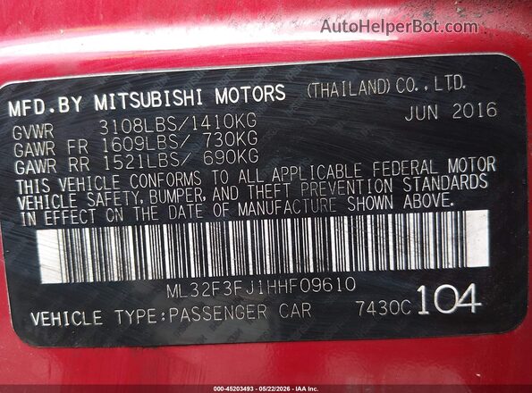 ML32F3FJ1HHF09610 2017 MITSUBISHI MIRAGE G4 Red Vista del compartimento del motor
