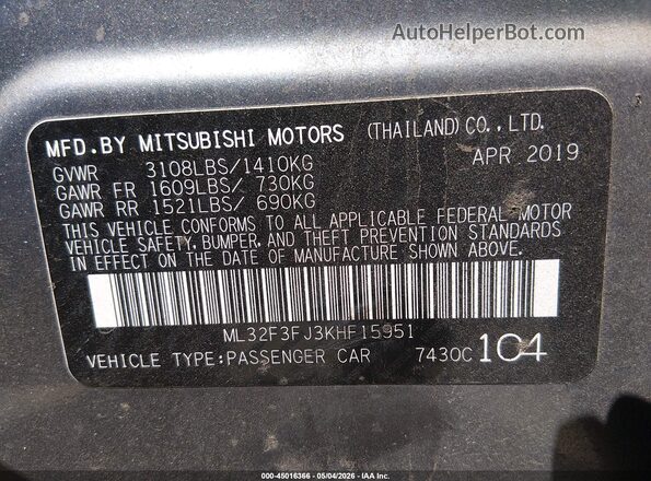 ML32F3FJ3KHF15951 2019 MITSUBISHI MIRAGE G4 Gray Engine compartment view