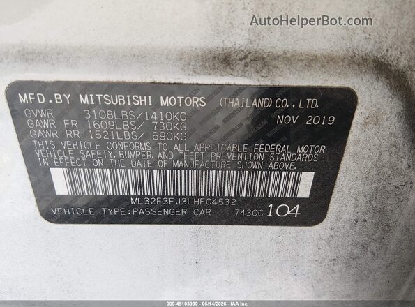 ML32F3FJ3LHF04532 2020 MITSUBISHI MIRAGE G4 White ძრავის განყოფილების ხედი