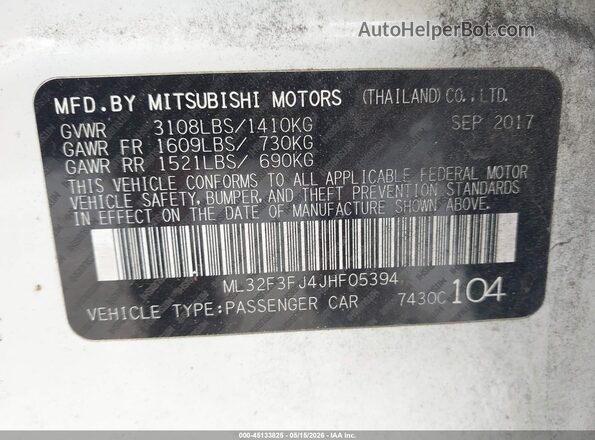 ML32F3FJ4JHF05394 2018 MITSUBISHI MIRAGE G4 White 