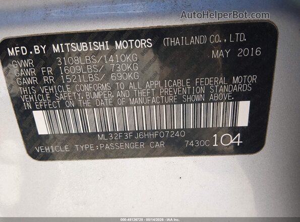 ML32F3FJ6HHF07240 2017 MITSUBISHI MIRAGE G4 Silver Շարժիչի բաժամունքի տեսք