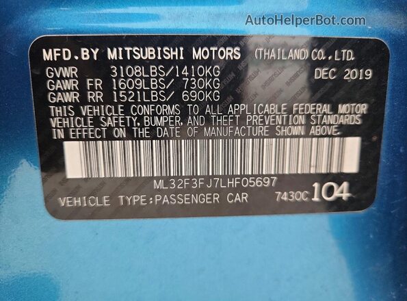 ML32F3FJ7LHF05697 2020 MITSUBISHI MIRAGE Blue Вид наклейки з VIN-кодом