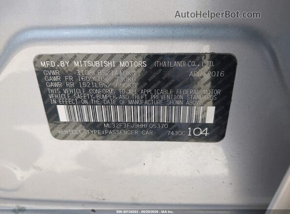 ML32F3FJ9HHF05370 2017 MITSUBISHI MIRAGE G4 Silver Вид підкапотного простору