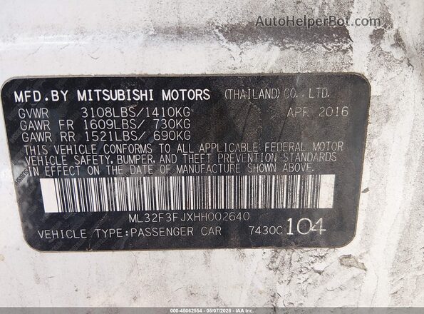 ML32F3FJXHH002640 2017 MITSUBISHI MIRAGE G4 White ძრავის განყოფილების ხედი
