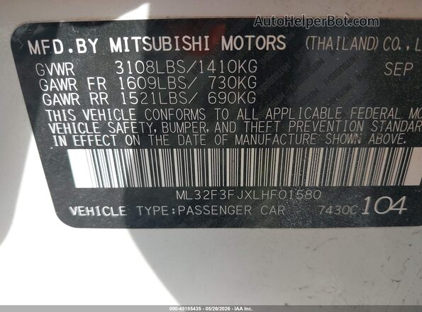 ML32F3FJXLHF01580 2020 MITSUBISHI MIRAGE G4 White Engine compartment view