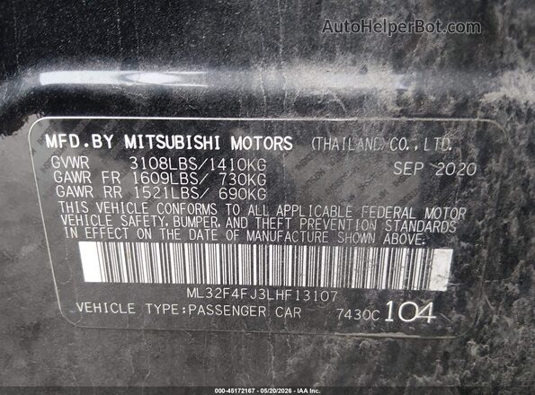 ML32F4FJ3LHF13107 2020 MITSUBISHI MIRAGE G4 Black Շարժիչի բաժամունքի տեսք
