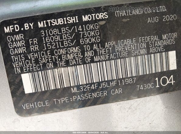 ML32F4FJ5LHF11987 2020 MITSUBISHI MIRAGE G4 Gray Engine compartment view