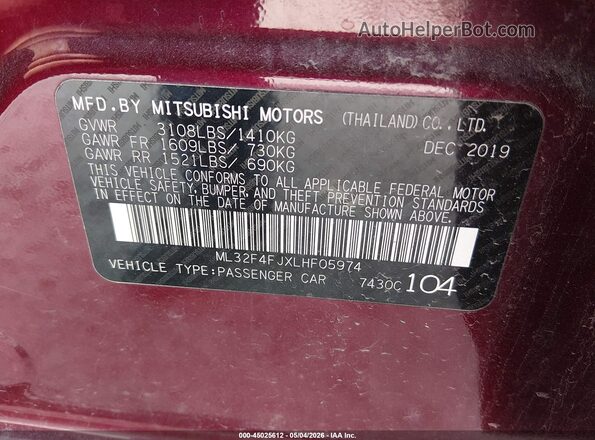 ML32F4FJXLHF05974 2020 MITSUBISHI MIRAGE G4 Maroon Engine compartment view