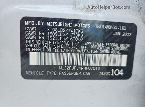 ML32FUFJ4NHF07013 2022 MITSUBISHI MIRAGE White 