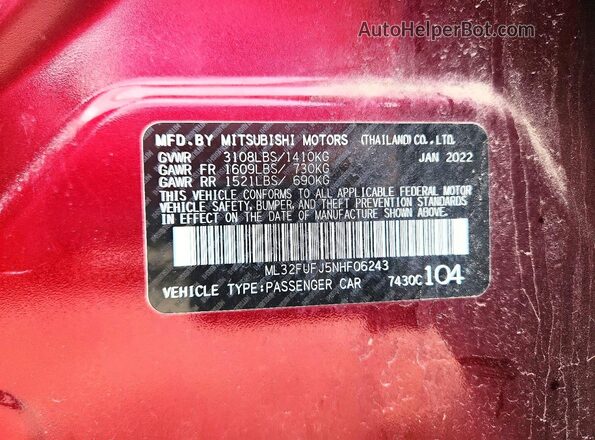 ML32FUFJ5NHF06243 2022 MITSUBISHI MIRAGE Maroon 