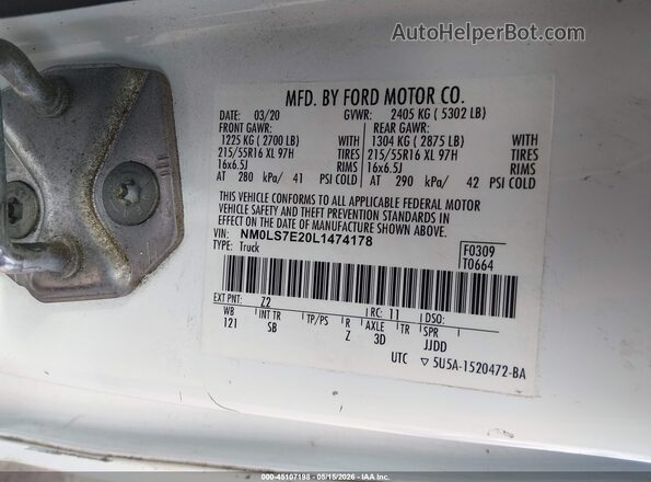 NM0LS7E20L1474178 2020 FORD TRANSIT CONNECT White Вид підкапотного простору