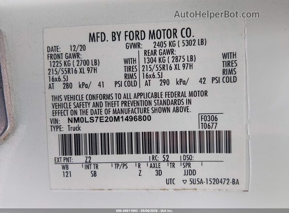 NM0LS7E20M1496800 2021 FORD TRANSIT CONNECT White Вид підкапотного простору