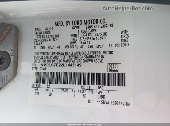 NM0LS7E22L1445149 2020 FORD TRANSIT CONNECT White Widok komory silnika