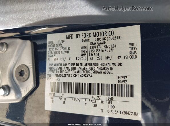 NM0LS7E2XK1425374 2019 FORD TRANSIT CONNECT Blue Շարժիչի բաժամունքի տեսք
