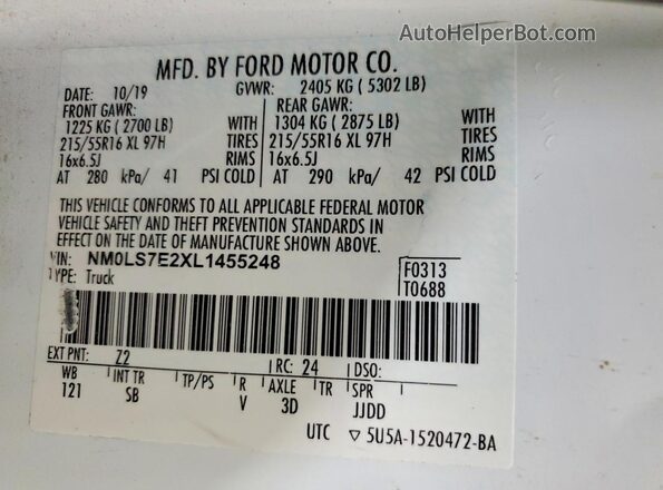 NM0LS7E2XL1455248 2020 FORD TRANSIT White Widok wnętrza 360 stopni
