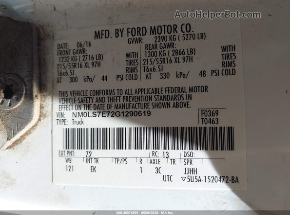 NM0LS7E72G1290619 2016 FORD TRANSIT CONNECT White Engine compartment view
