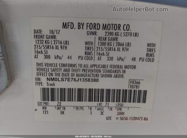 NM0LS7E76J1358380 2018 FORD TRANSIT CONNECT White 