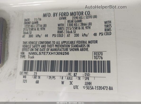 NM0LS7E7XH1309256 2017 FORD TRANSIT CONNECT White Вид підкапотного простору