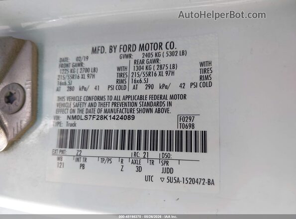 NM0LS7F28K1424089 2019 FORD TRANSIT CONNECT White Widok komory silnika