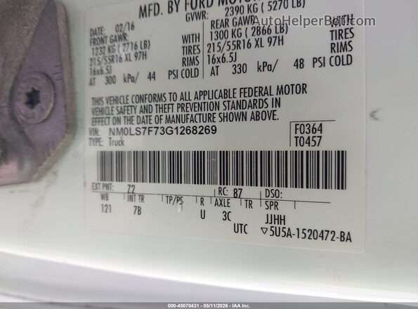 NM0LS7F73G1268269 2016 FORD TRANSIT CONNECT White 