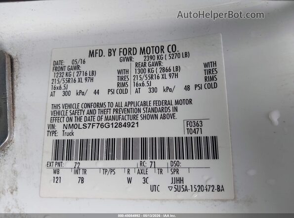 NM0LS7F76G1284921 2016 FORD TRANSIT CONNECT White Widok komory silnika