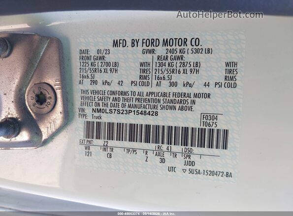 NM0LS7S23P1548428 2023 FORD TRANSIT CONNECT White Вид підкапотного простору