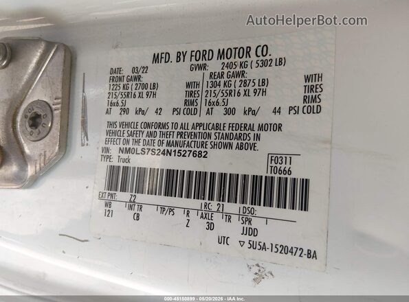NM0LS7S24N1527682 2022 FORD TRANSIT CONNECT White Tył prawy