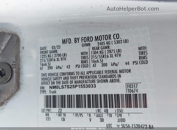 NM0LS7S25P1553033 2023 FORD TRANSIT CONNECT White Vista del compartimento del motor