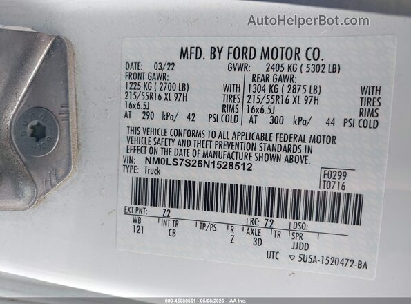 NM0LS7S26N1528512 2022 FORD TRANSIT CONNECT White ძრავის განყოფილების ხედი