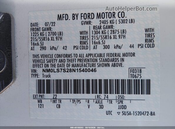 NM0LS7S28N1540046 2022 FORD TRANSIT CONNECT White Շարժիչի բաժամունքի տեսք