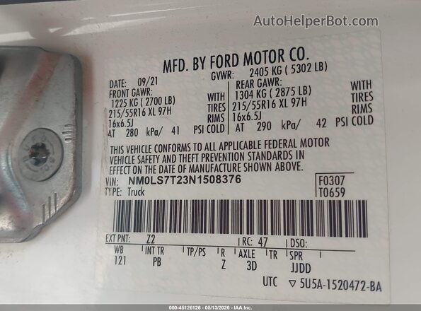 NM0LS7T23N1508376 2022 FORD TRANSIT CONNECT White Widok komory silnika