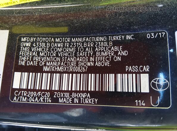 NMTKHMBX1JR008267 2018 TOYOTA LE Black 
