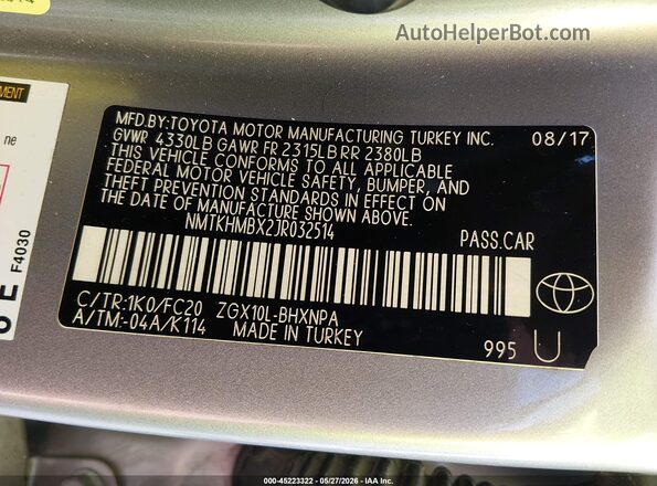 NMTKHMBX2JR032514 2018 TOYOTA C-HR Silver Вид підкапотного простору