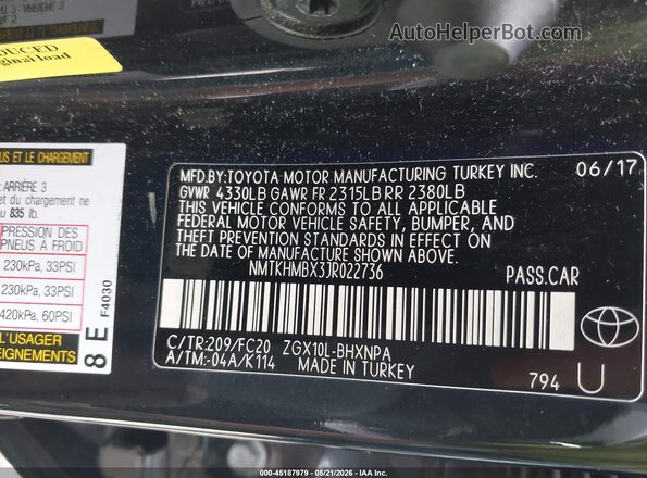 NMTKHMBX3JR022736 2018 TOYOTA C-HR Black Vista del compartimento del motor