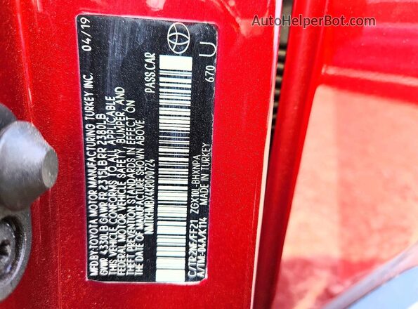 NMTKHMBX4KR090724 2019 TOYOTA C-HR Maroon Вид наклейки з VIN-кодом