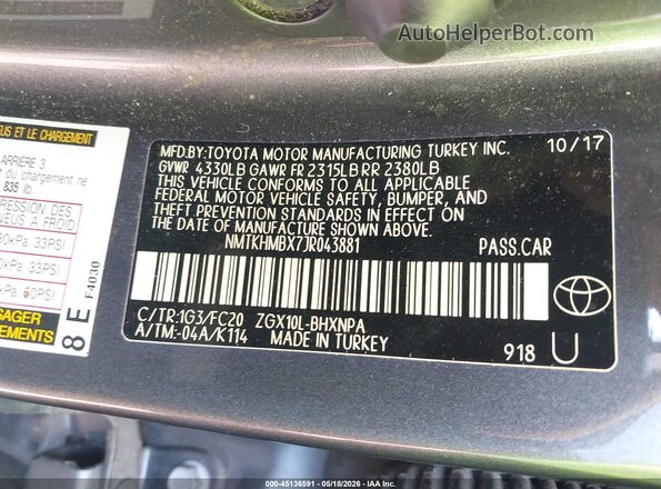 NMTKHMBX7JR043881 2018 TOYOTA C-HR Gray Widok komory silnika