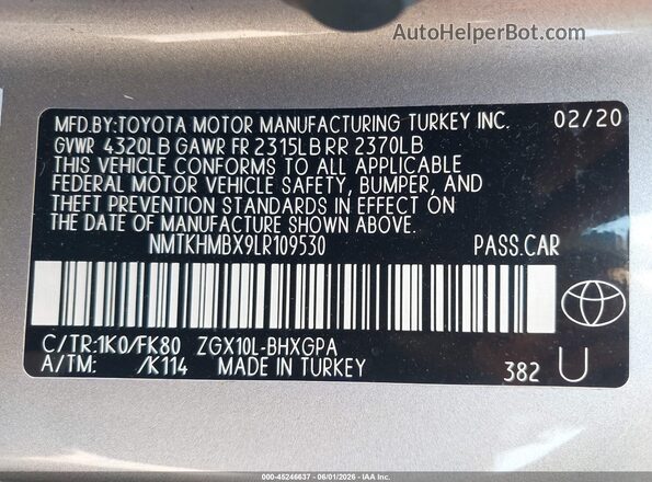 NMTKHMBX9LR109530 2020 TOYOTA C-HR Gray Engine compartment view